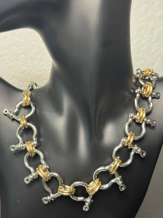 Horseshoe Mixed Metal Chain Necklace (Silver/Gold)